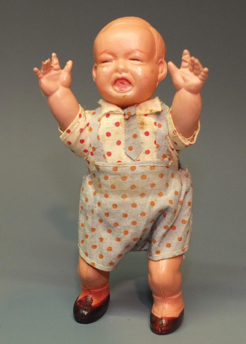 KURAMOCHI CELLULOID NAUGHTY JOHN WALKER: Made in Japan by CK Kuramochi. Early Windup Celluloid Crying Baby Boy Walker. Same Toy They Used to Make Poor Pete. Missing the Dog. 1930's 6" H