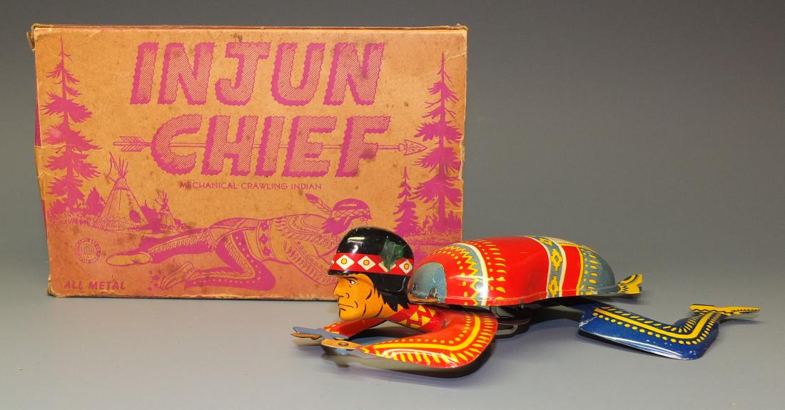 OHIO ART INJUN CHIEF WINDUP & BOX: Made in USA by Ohio Art. Colorful Tin Litho Crawling Indian w/ Tomahawk in the Original Box. Box is Missing All End Flaps on One End, Otherwise Excellent Condition. 1950's 8.5" L