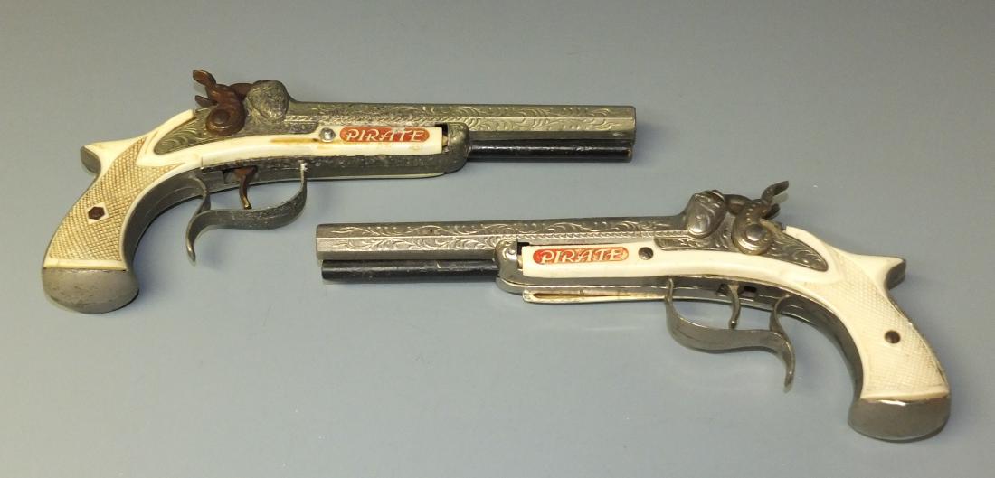 2 HUBLEY PIRATE CAP GUN PISTOLS: Lot of 2 Double Shot Cap Gun Pistols- Made in USA by Hubley. 1950's 9.5" L