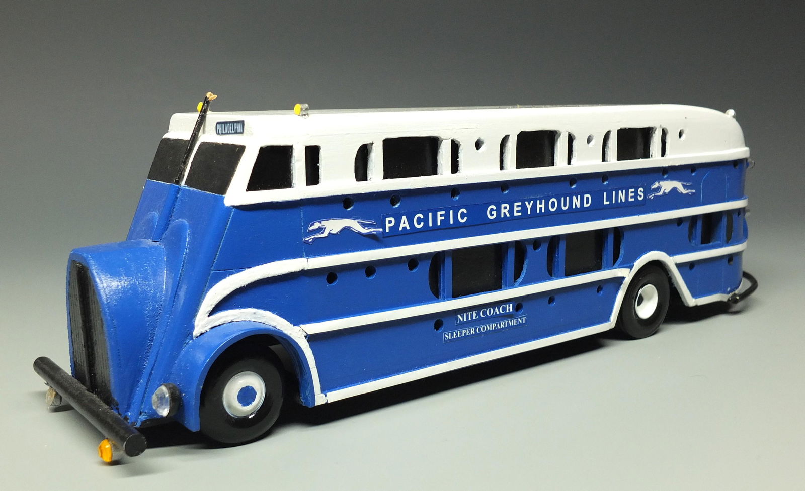 PACIFIC GREYHOUND NITE COACH WOOD MODEL BUS: 13.25" Long Custom Made & Painted by Kenn Stoliker Wooden Pacific Greyhound Lines Nite Coach Bus Model Destination Philadelphia.