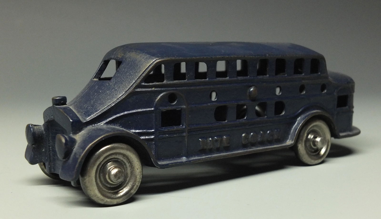 KENTON NITE COACH CAST IRON BUS: 1930's Kenton Cast Iron Double Decker Nite Coach Bus w/ Nickel Wheels. 7" L