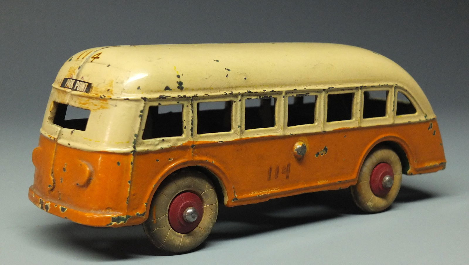 1930's CAST IRON PARK POINT CITY COACH BUS: Rare & Hard to Find, Antique 1930's Cast Iron Park Point City Bus. The Number 114 is Written in Marker on All Sides & Bottom of Bus. May Be Arcade or Hubley. Measures Almost 7" L.