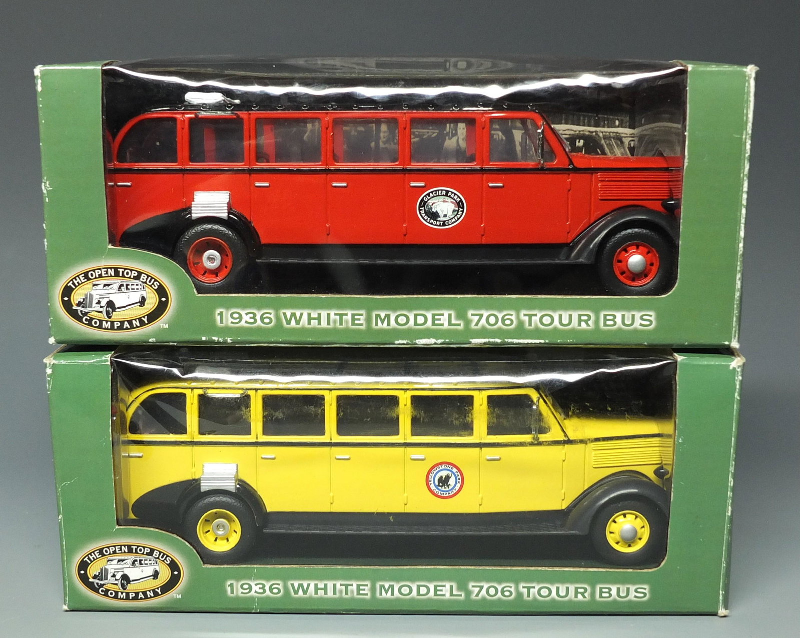 2 - 1936 WHITE MODEL TOUR BUSES & BOXES: Lot of Two 1936 White Model 1/48 O Scale Diecast 706 Tour Buses & Original Boxes. 7" L