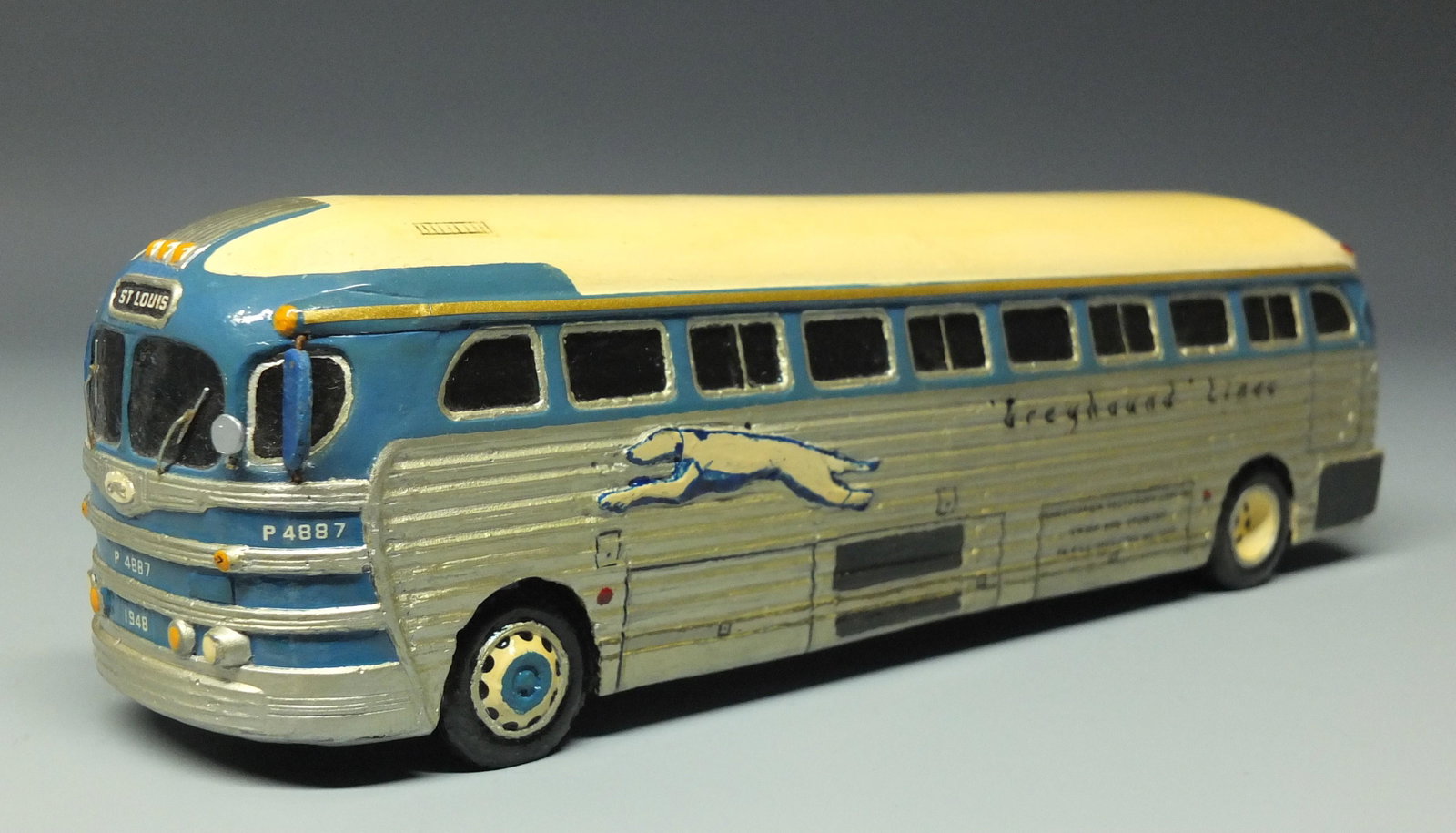 CUSTOM GREYHOUND SILVERSIDES BUS MODEL: Rare & Hard to Find Custom Made & Painted by John S. Brunelle Plaster Greyhound Silversides Bus Model - Destination St. Louis. 9.25" L