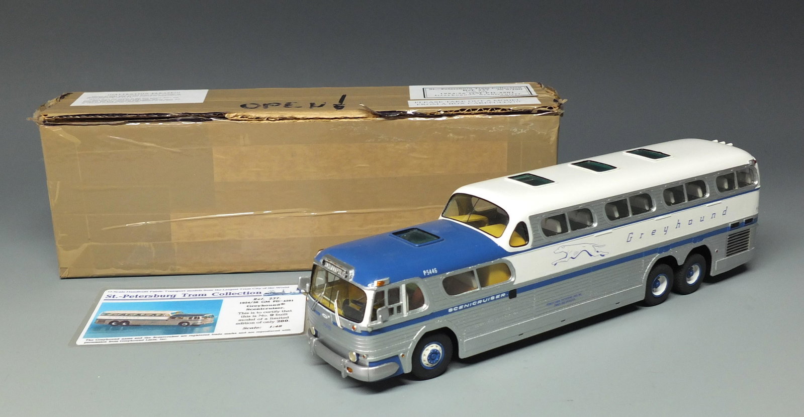 ST PETERSBURG GREYHOUND SCENICRUISER BUS & BOX: Scarce & Hard to Find Limited Edition (#9 of Only 200 Made) 1:48 O Scale 1954/56 GM PD 4501 Greyhound Scenicruiser - Destination Indianapolis - From the St. Petersburg Tram Collection w/ Original COA 