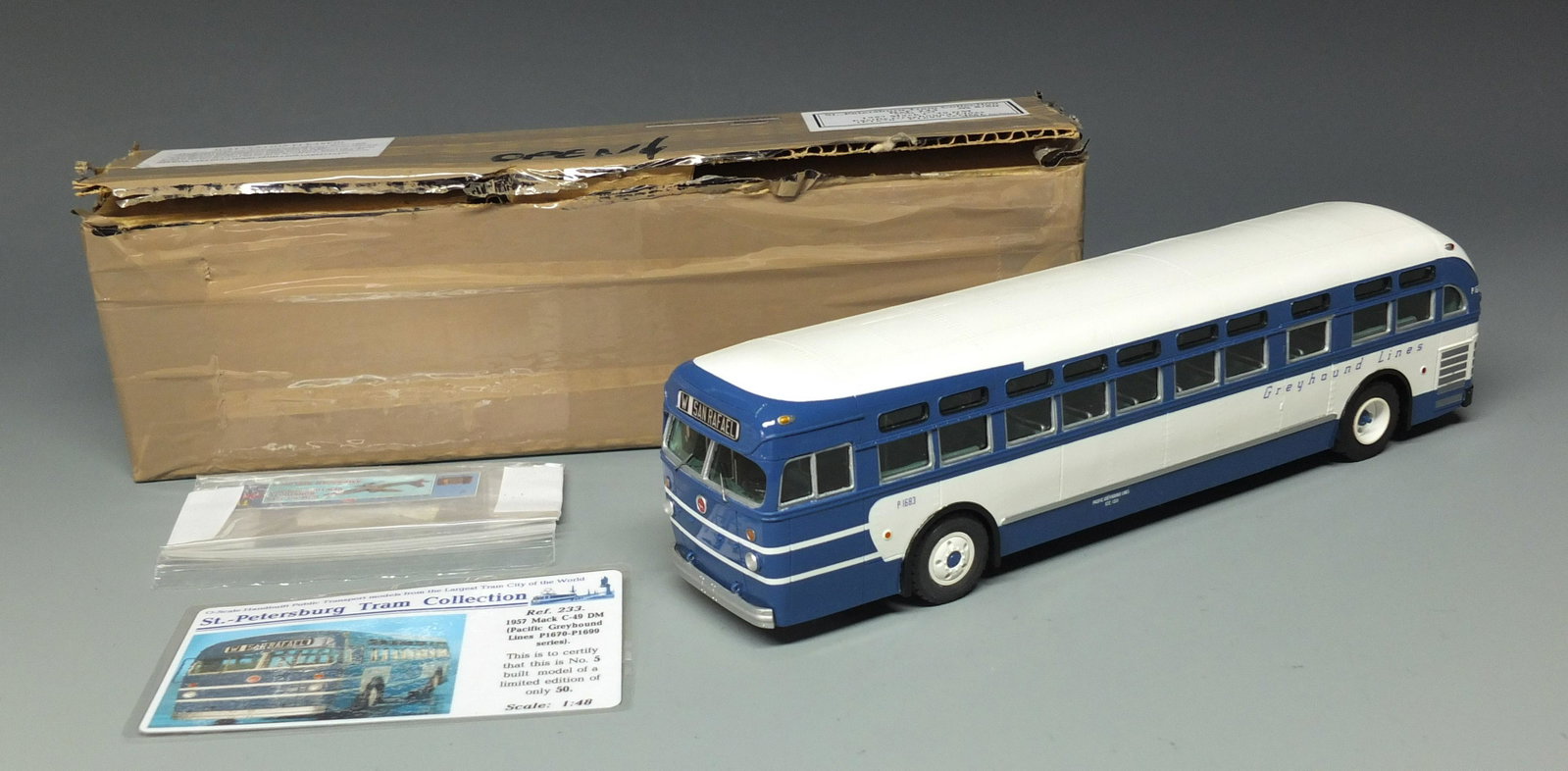 ST PETERSBURG 1957 MACK GREYHOUND BUS & BOX: Scarce & Hard to Find Limited Edition (#5 of Only 50 Made) 1:48 O Scale 1957 MACK C-49 DM Pacific Greyhound Lines Bus Model - Destination W San Rafael - From the St. Petersburg Tram Collection w/ Orig