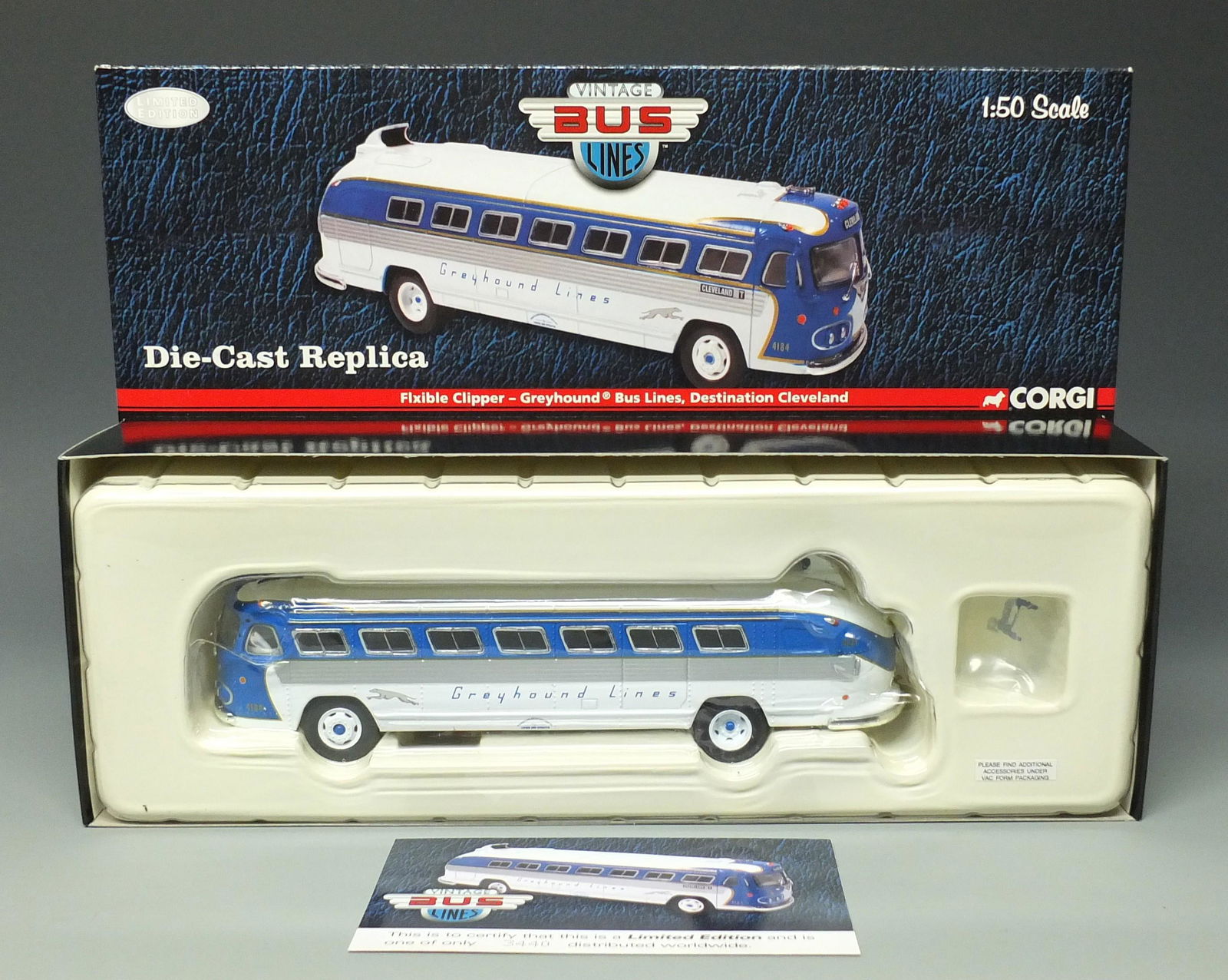 CORGI US54204 FLXIBLE GREYHOUND BUS & BOX: Corgi Vintage Bus Lines #US 54204 Diecast Flxible Clipper Greyhound Bus Lines - Destination Cleveland w/ COA, New in Original Box. 7.75" L