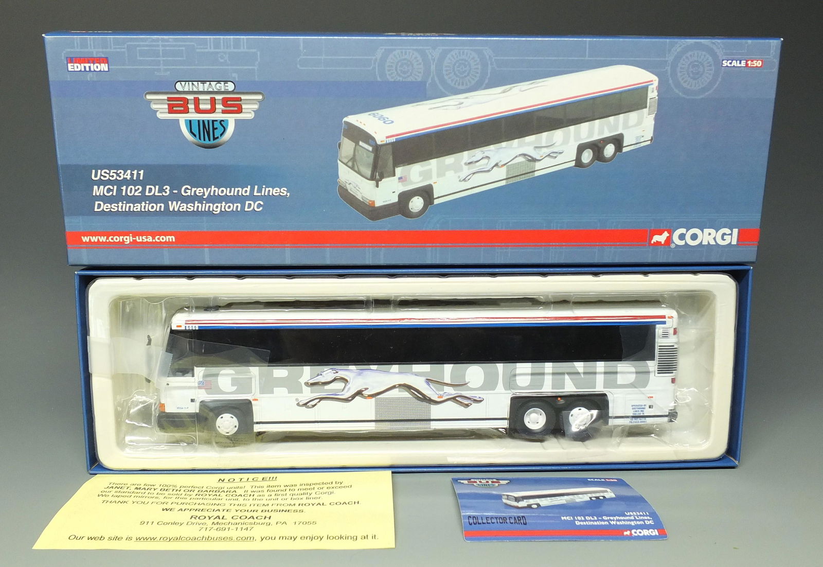 ROYAL COACH CORGI US53411 MCI GREYHOUND BUS &BOX: Corgi Royal Coach Vintage Bus Lines #US 53411 MCI 102 DL3 Greyhound Lines 1/50 Scale Diecast Bus - Destination Washington, DC w/ COA, New in Original Box. 10.75" L
