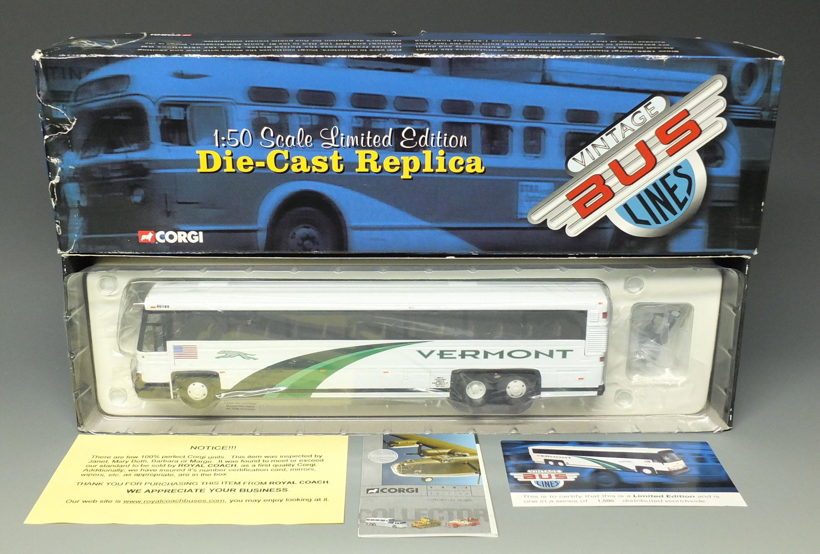 CORGI US53408 VERMONT TRANSIT BUS & BOX: Corgi Vintage Bus Lines #US 53408 MCI 102 DL3 Vermont Transit Lines 1/50 Scale Diecast Bus - Destination White River Jct w/ COA, New in Original Box. Box is Damaged as Pictured. 10.75" L