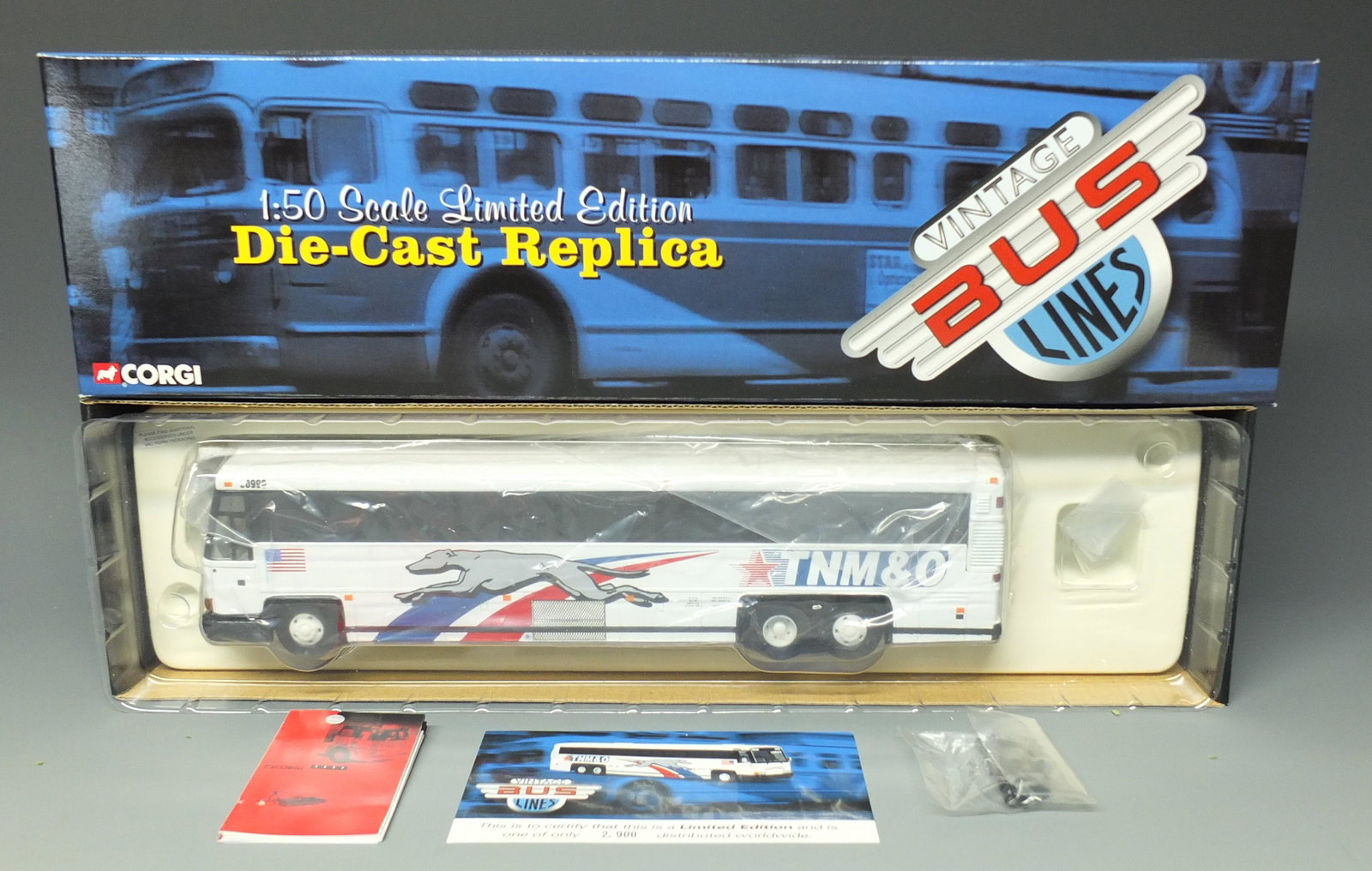 CORGI US53405 MCI TNM&O GREYHOUND BUS & BOX: Corgi Vintage Bus Lines #US 53405 MCI 102 DL3 Greyhound TNM&O Bus 1/50 Scale Diecast Bus - Destination Lubbock w/ COA, New in Original Box. 10.75" L