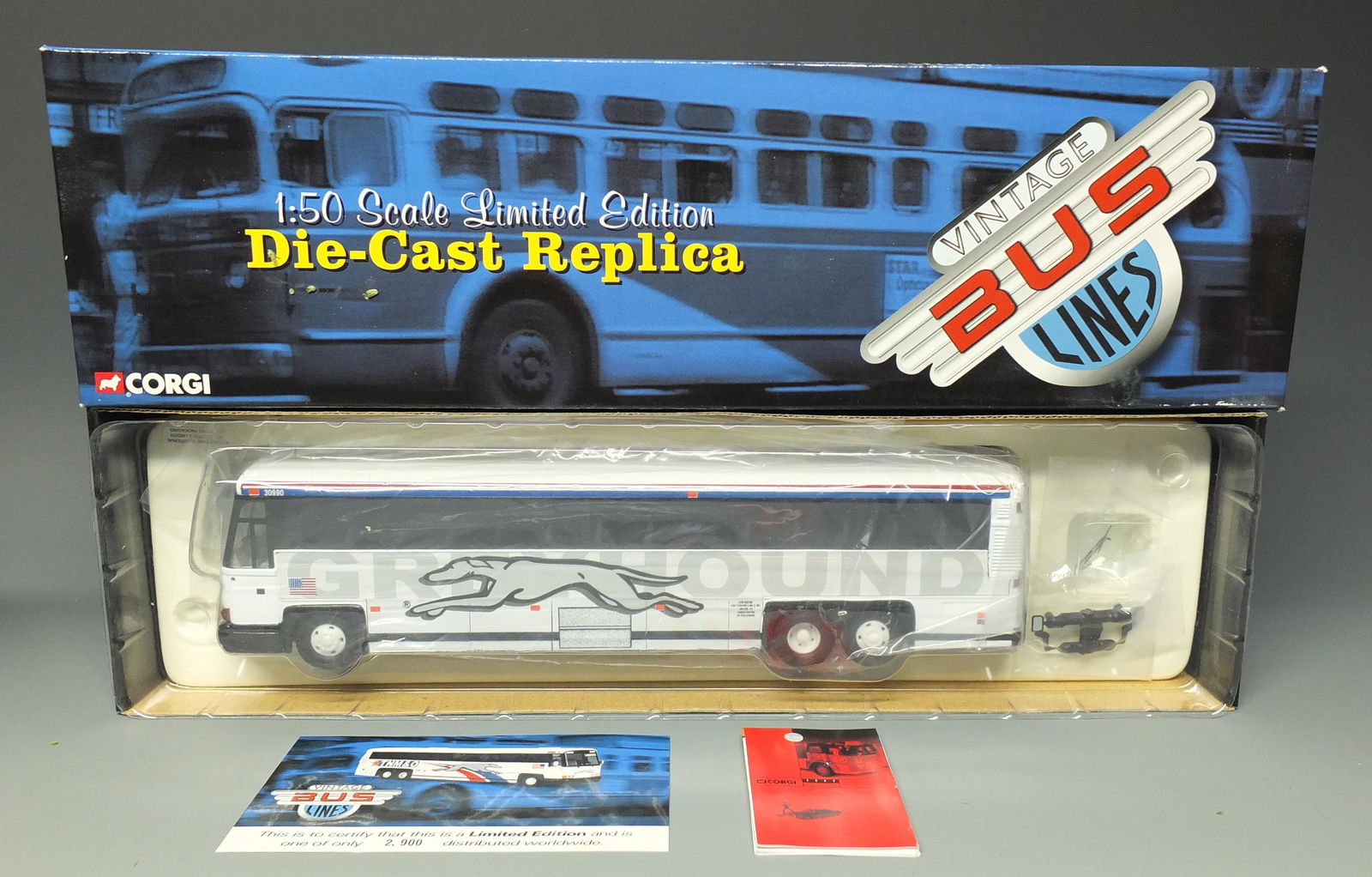 CUSTOM ROYAL COACH CORGI GREYHOUND BUS & BOX: Royal Coach Corgi Vintage Bus Lines #US 53405 MCI 102 DL3 Greyhound TNM&O 1/50 Scale Diecast Bus Destination Lubbock Which Was Customized by Royal Coach as a Greyhound Lines Shadow Bus w/ COA, New in