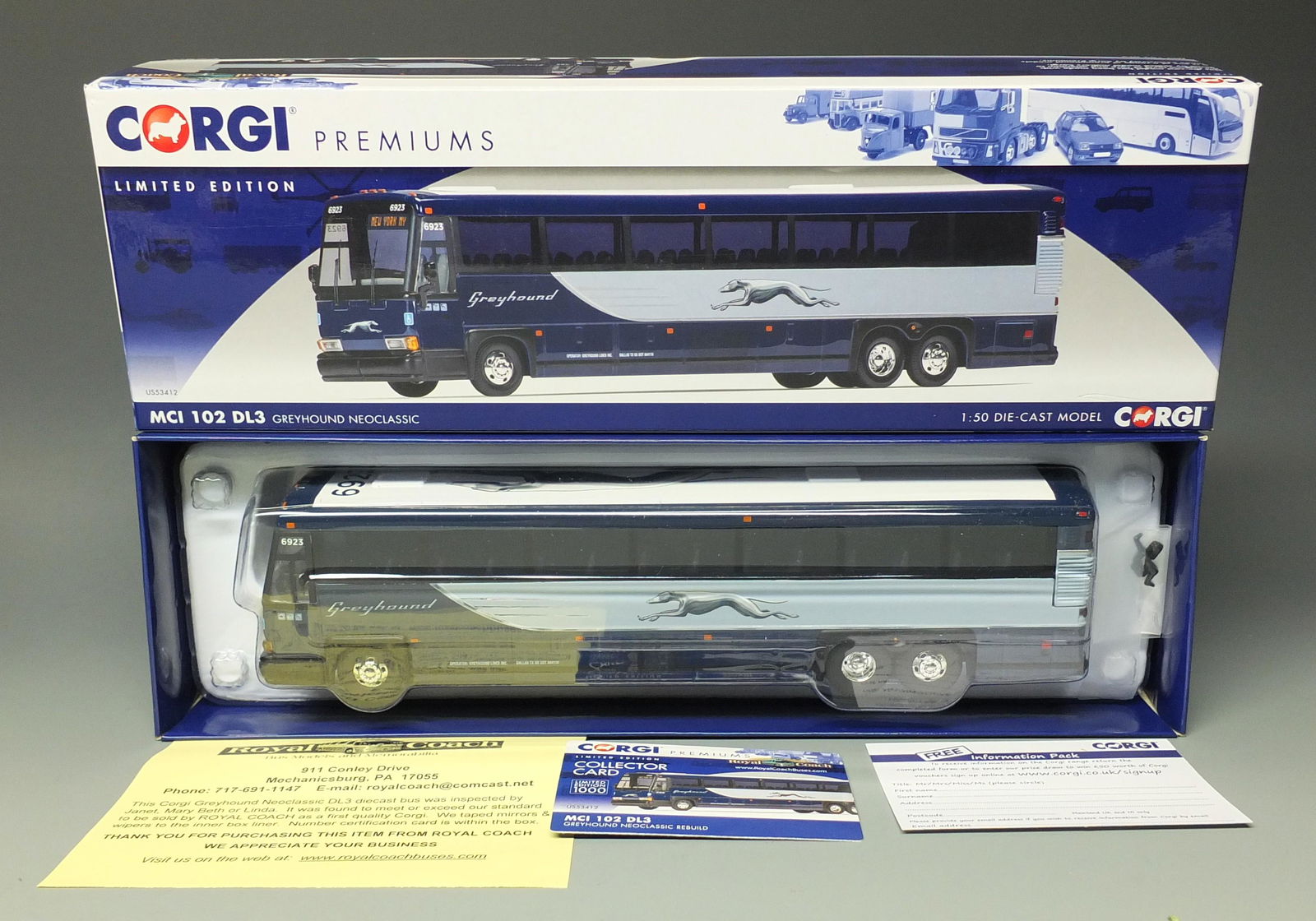 CORGI ROYAL COACH US53412 MCI NEOCLASSIC BUS & BOX: Royal Coach Corgi Premiums #US 53412 MCI 102 DL3 Greyhound Neoclassic 1/50 Scale Diecast Bus w/ COA, New in Original Box. 10.75" L