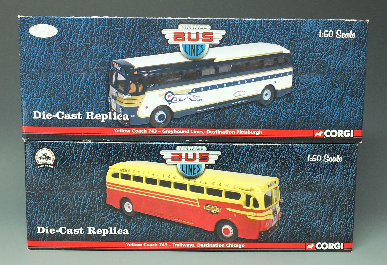 2 CORGI DIECAST YELLOW COACH BUSES & BOXES: Lot of 2: Corgi Vintage Bus Lines #US 53909 Yellow Coach 743 Greyhound Lines Diecast 1/50 Scale Diecast Bus - Destination Pittsburgh w/ COA & #US53910 Yellow Coach 743 Trailways Diecast 1/50 Scale Bus