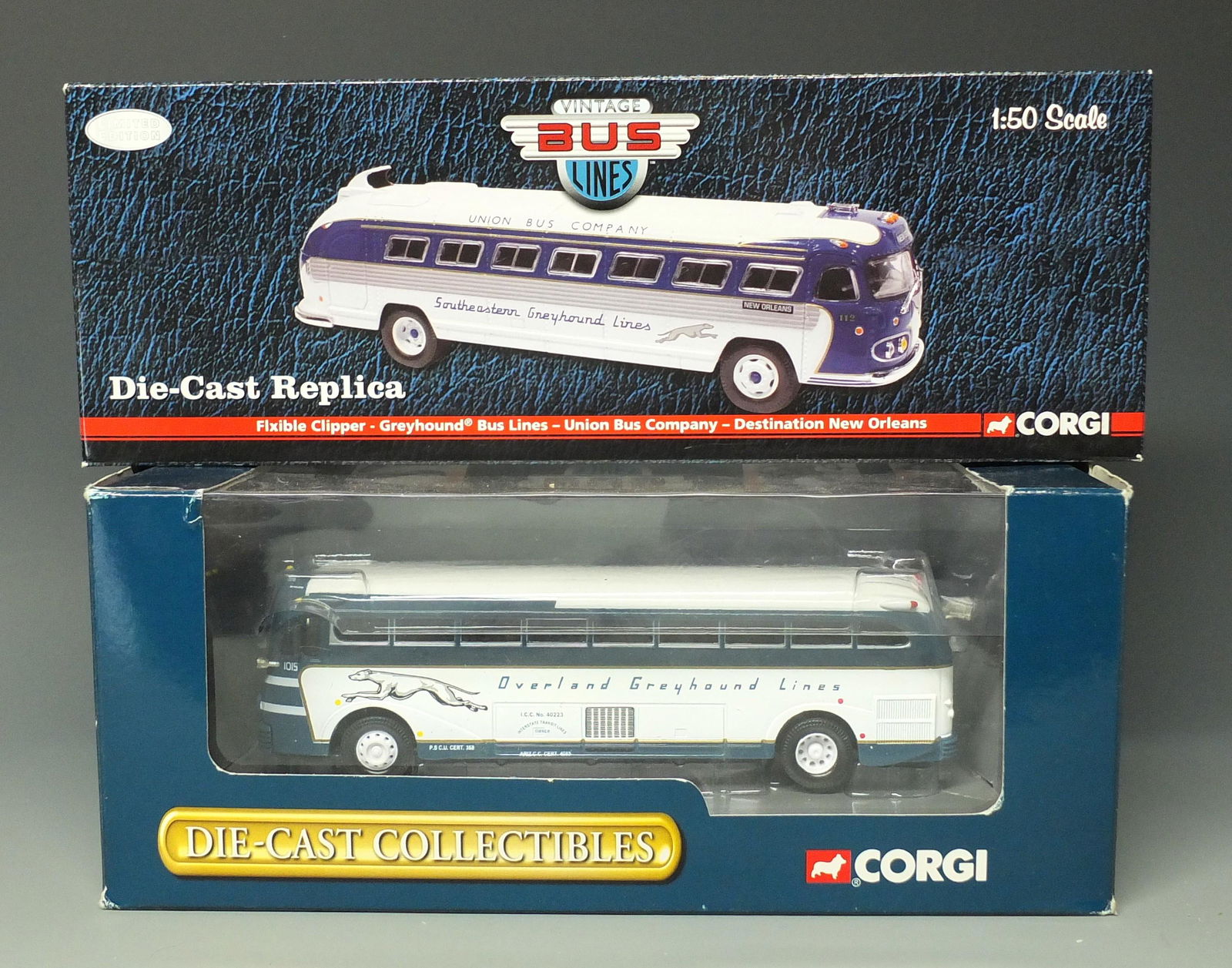 2 CORGI GREYHOUND BUSES & BOXES: Lot of 2 Corgi 1/50 Scale Diecast Buses: #US 54207 Flxible Clipper Greyhound Bus Lines Union Bus Company - Destination New Orleans New in Box and #US53906 Yellow Coach 743 Overland Greyhound Lines Bus