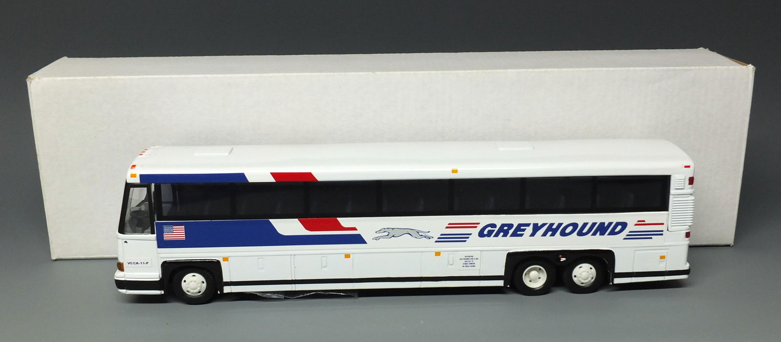 CUSTOM CORGI ROYAL COACH GREYHOUND BUS & BOX: Custom Royal Coach Corgi MCI 102 DL3 Greyhound 1/50 Scale Diecast Bus - Destination Hibbing - Customized by Royal Coach, New in Original Box. 10.75" L