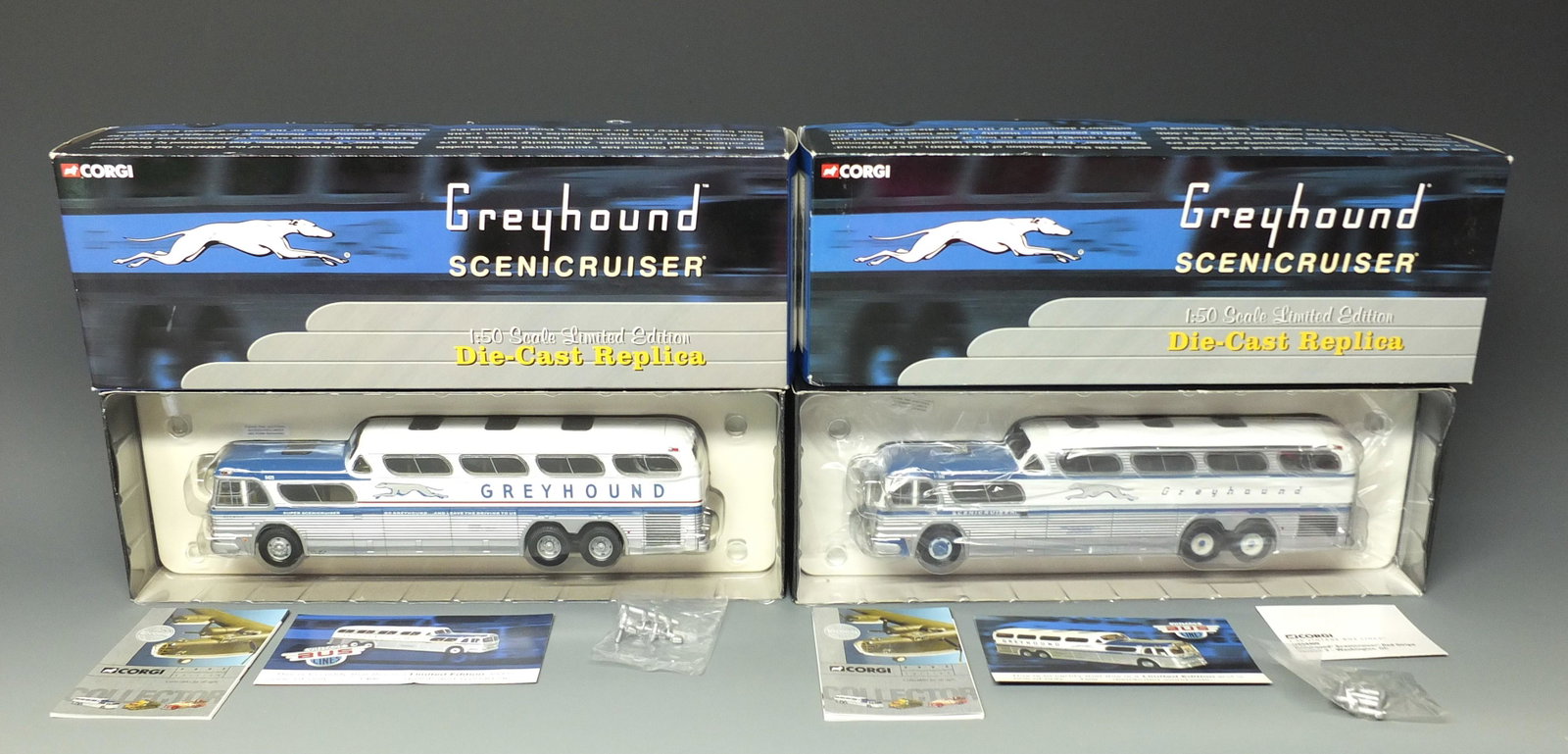2 CORGI SCENICRUISER BUSES & BOXES: Lot of 2 Corgi Vintage Bus Lines 1/50 Scale Diecast Scenicruiser Buses Are New In Boxes w/COA's: #US 54406 GM 4501 Greyhound Scenicruiser Bus - Destination Chicago and #US 54409 GM 4501 Greyhound Scen