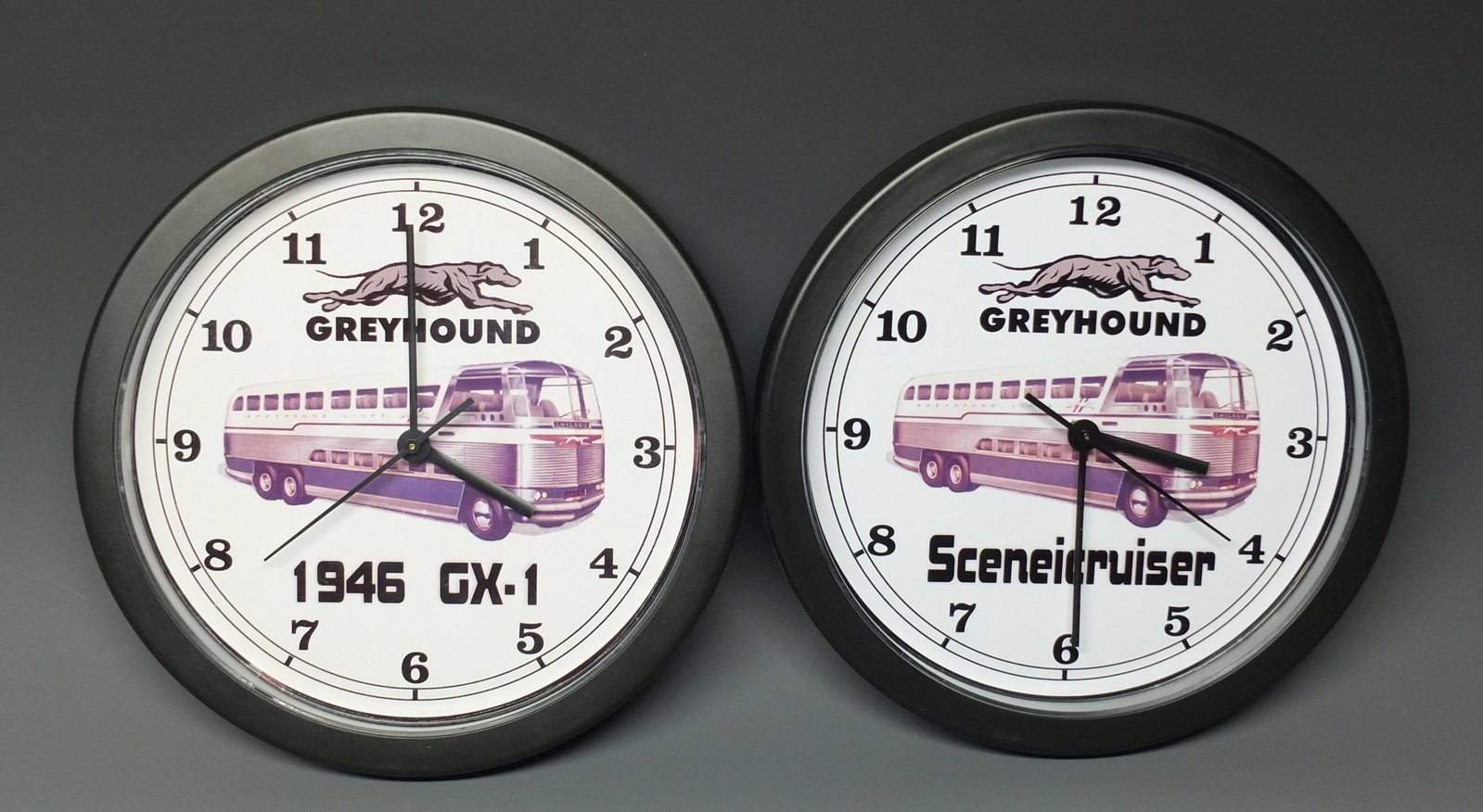 2 GREYHOUND SCENICRUISER BUS CLOCKS: Lot of 2 Plastic 1946 Greyhound Scenicruiser GX-1 Bus Wall Clocks, One w/Box. 9.75" Diameter