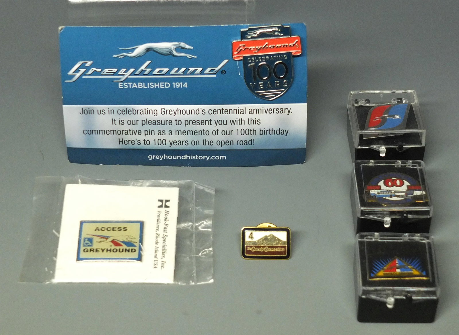 6 GREYHOUND BUS ANNIVERSARY & SAFETY PINS: 6 Greyhound Bus Anniversary & Safe Driver Driving Service Award Pins.