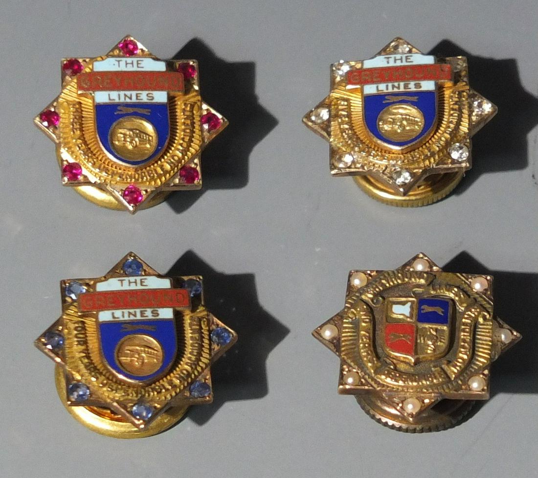 4 - 10K GOLD DEPENDABLE BUS DRIVER AWARD PINS: 4 Greyhound Bus Employee Dependable Driver Award Pins Includes: 2 Year, 3 Year, 4 Year and 5 Year Dependable No Accident Service Pins. All 4 are 10K Gold, Enameled & are Marked 10K & Have Diamonds, Ru