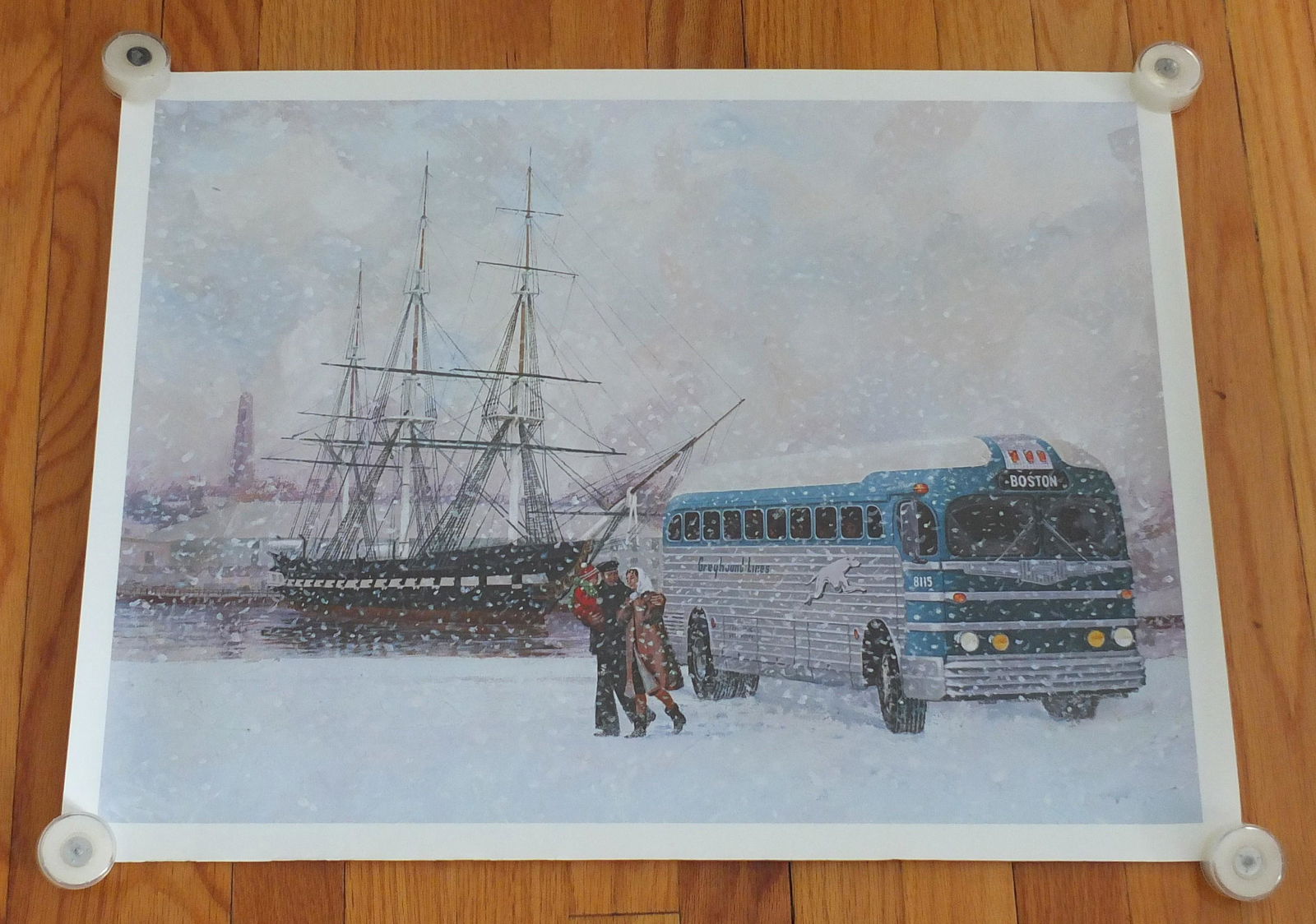 GREYHOUND SILVERSIDES BUS POSTER ART PRINT: 23.75" W x 17.75" H Vintage Poster Art Print. Printed on the Back in the Corner is: One of Greyhound's Famous Silverside Coaches Parked at Boston Harbor with the USS Constitution and Bunker Hill Monum