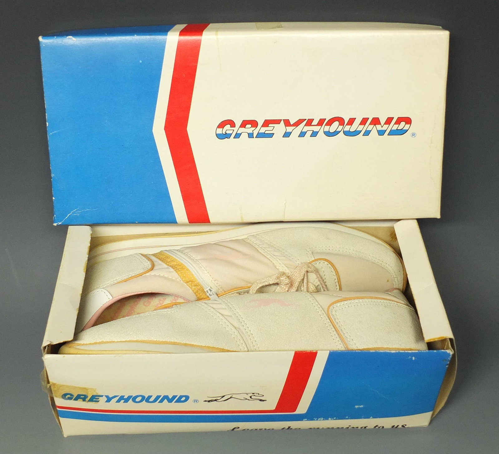 GREYHOUND BUS EMPLOYEE SNEAKERS IN BOX: Vintage Greyhound Bus Employee Women's Size 7.5 Sneakers/ Tennis Shoes New in Original "Greyhound Leave the Running To Us" Box. White & Pink w/Pink Greyhound Dogs on Side, Greyhound Inserts, Pink Shoe