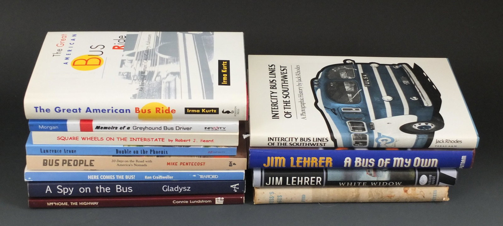 12 BUS TRAVEL & DRIVER MEMOIR BOOKS: 12 Bus Travel & Bus Driver Memoir-Type Books Including: 5 Hardcover w/ Dust Jackets & 7 Soft Cover Books. Conditions Range From Excellent to Like New.