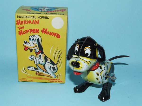 LINEMAR HERMAN HOPPER HOUND TIN WIND UP DOG & BOX: 1950's. Japan. Working. Complete. All Original. New old store stock, never played with. Made by Mikuni & sold under Linemar name in the US. 4.5" H. (NM). OB # J-4400 is complete. (M).