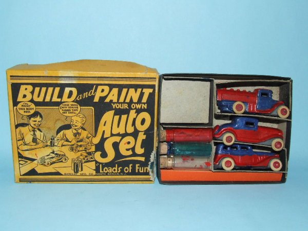 BARCLAY BUILD & PAINT YOUR OWN AUTO CAR SET & BOX: 1930's. USA. All Original. Complete except for tanker is missing one tire and all 3 paint jars are empty. Rare Set No. 2004. All 3 vehicles measure 3" L & are painted red & blue. (EX). OB complete wit