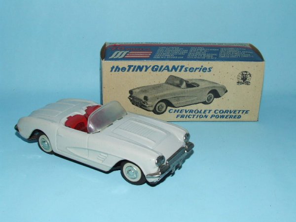 SSS SHIOJI CHEVY CORVETTE TIN FRICTION CAR & BOX: 1959. Japan. Working. Complete. All Original. Numbered label attached to bottom. Cool friction driven muscle car. 5.5" L. (NM). OB complete. (NM).
