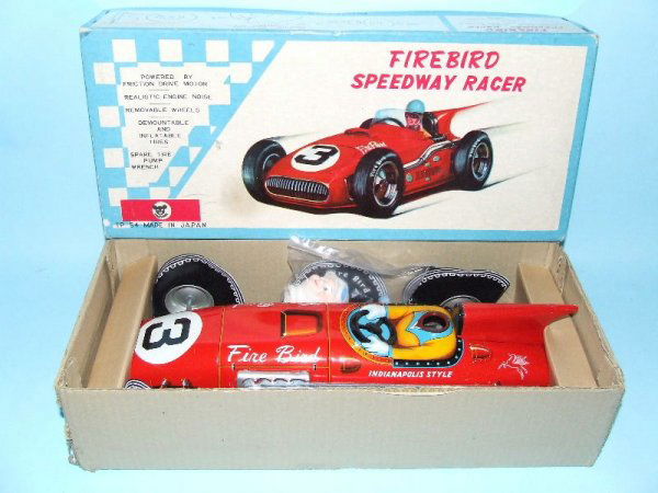 TOMIYAMA FIREBIRD SPEEDWAY RACER TIN TOY CAR & BOX: 1950's. Japan. Working. Complete with Sears Catalog Order Ticket & Tire Inflation Instructions. All Original. Rare recent attic find, one owner toy, never played with or removed from OB except to take