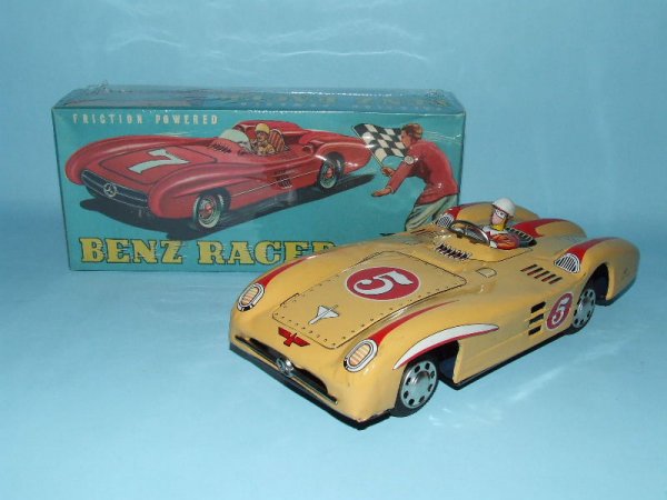 SK HORIKAWA MERCEDES BENZ RACER FRICTION CAR & BOX: 1960. Japan. Working. Complete. All Original. Tin litho, rubber tires, embossed parts, streamlined body friction motor makes racing sound. 10.5" L. (NM). OB complete, protectively sealed in plastic. (