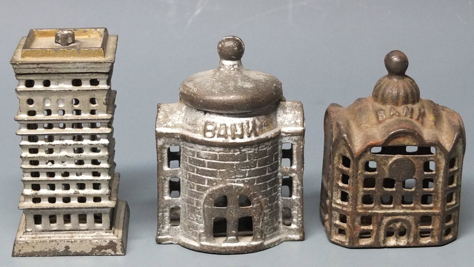 3 ANTIQUE BUILDING COIN SAVINGS STILL BANKS (1 of 4)