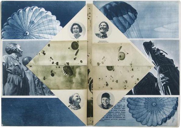 RODCHENKO, STEPANOVA (ill.) SSSR Na Stroike: RODCHENKO, Alexander (1891-1956) , and STEPANOVA, Varvara (1894-1958), illustrators. USSR in Construction [SSSR Na Stroike], no. 12, 1935. Moscow, OGIZ-IZOGIZ, 42 x 30 cm. This so-called "Parachu
