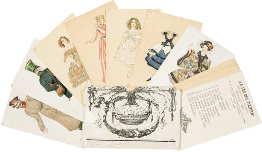 BAKST, Leon: Feya Kukol, postcards set : BAKST, Leon (Lev Rosenberg, 1886-1924). The Doll Fairy [Feya kukol] . 14 x9.5 cm. Complete set of 12 postcards designed by L. Bakst, with the original envelope and descriptive leaf in Russian and Fren