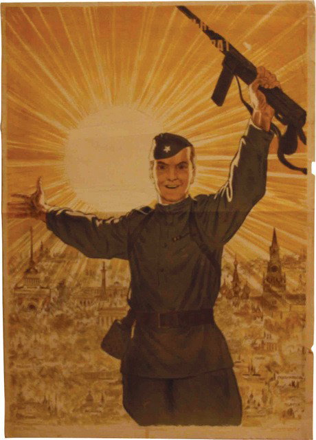 Kochergin, Nikolai. 1944 Poster: Sovetskaya Zemlya : Sovetskaya zemlya okonchatel'no ochishena ot nemetskih zakhvatchikov [Soviet Land Is Once and For All Cleared of German Intruders], powerful poster by the veteran posterist Nikolay Kochergin (1897-197