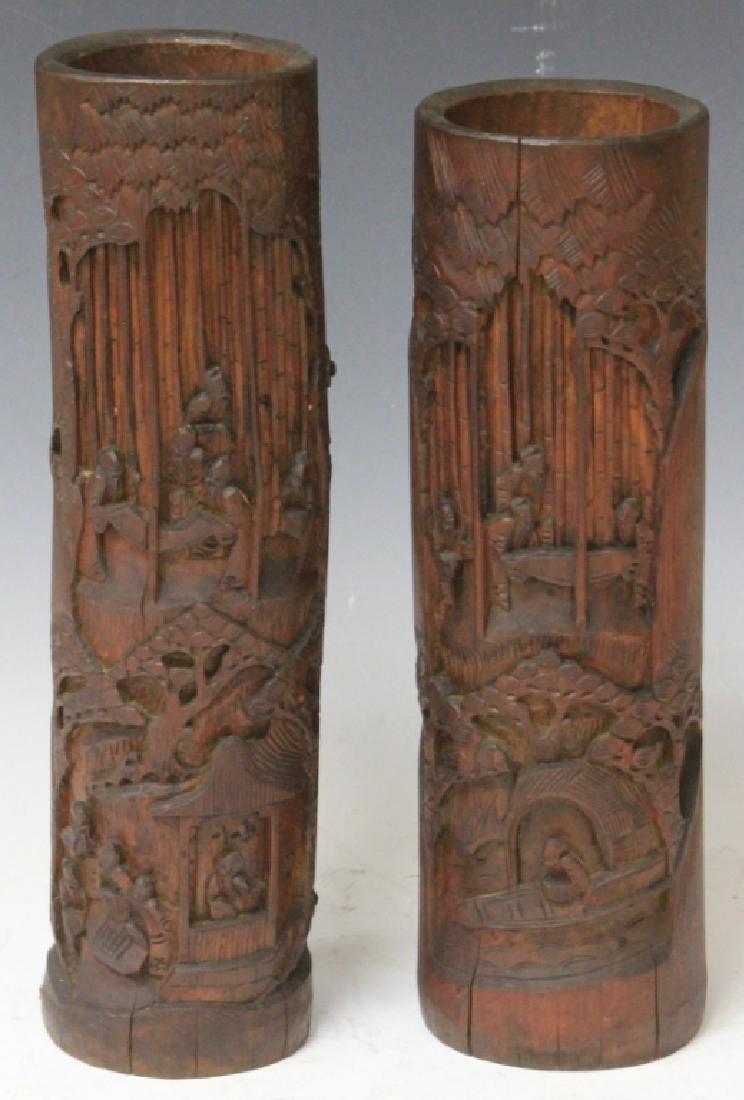 LOT OF (2) VINTAGE CHINESE CARVED WOOD BRUSH POTS (1 of 2)