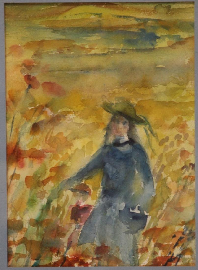 FRAMED WATERCOLOR PAINTING OF GIRL IN FLOWER FIELD (1 of 2)