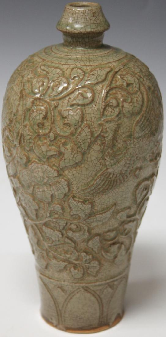 CHINESE CARVED POTTERY CELADON VASE, 10 1/2" H (1 of 7)