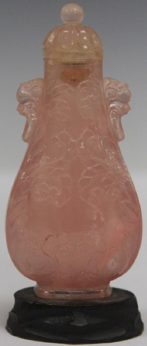19TH C. CHINESE ROSE QUARTZ CARVED BOTTLE ON STAND (1 of 3)