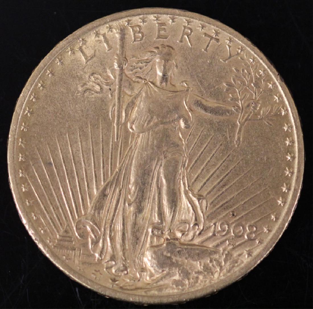 $20 GOLD COIN SAINT GAUDENS 1908 D WALKING LIBERTY (1 of 2)