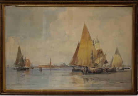 PROSPER LOUIS SENAT (1852-1925), WATERCOLOR: Watercolor painting of Venice, boats in marina. Artist signed and dated lower left. Sight- 26" x 40" Overall- 29" x 43"