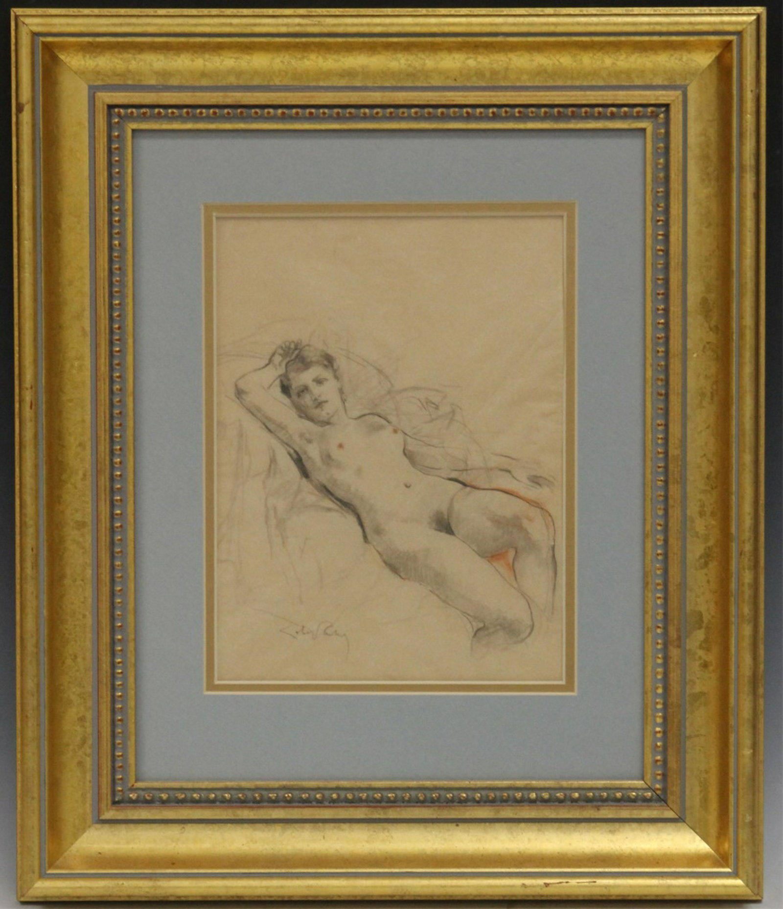 RICHE LOBEL (19TH C.), GRAPHITE ON PAPER: Subject- Drawing of Nude. Sight- 7 1/2" X 10" Overall- 16" x 19" In-house shipping available within continental U.S. for $60 plus insurance.