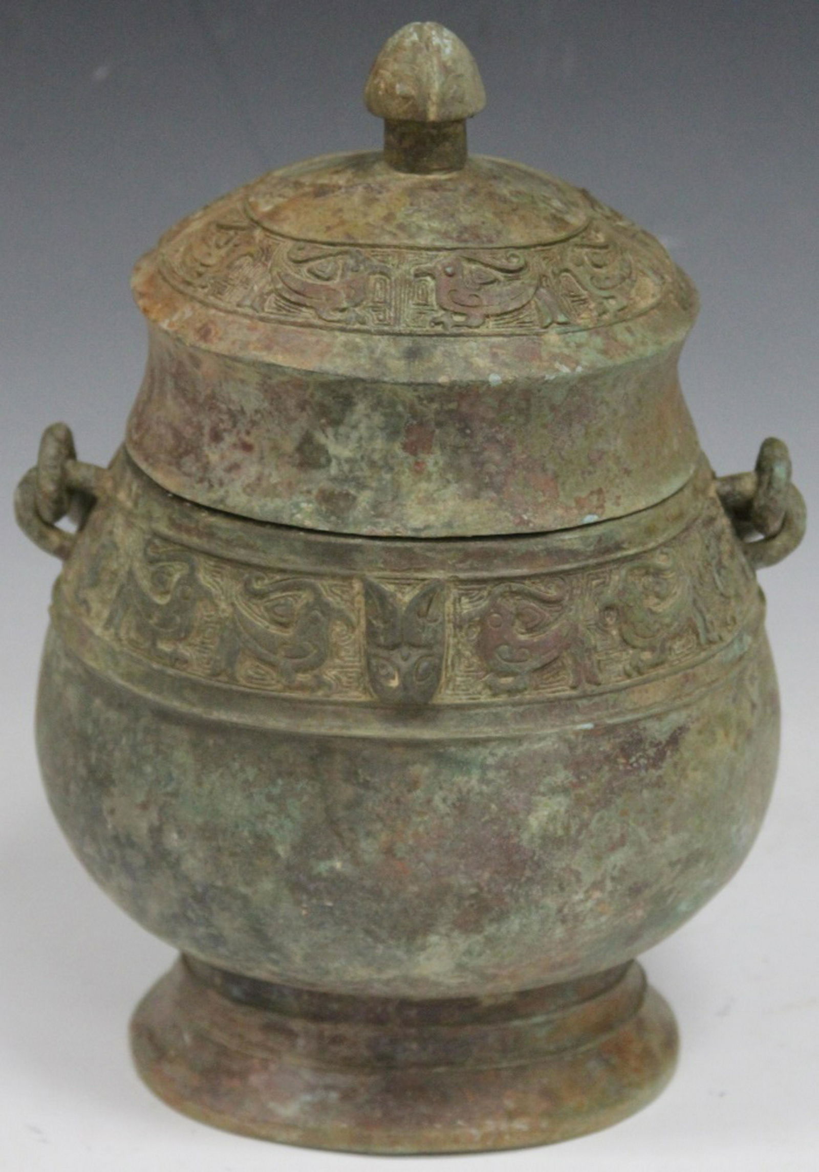 CHINESE CAST METAL HANDLED VASE W/ LID (1 of 2)