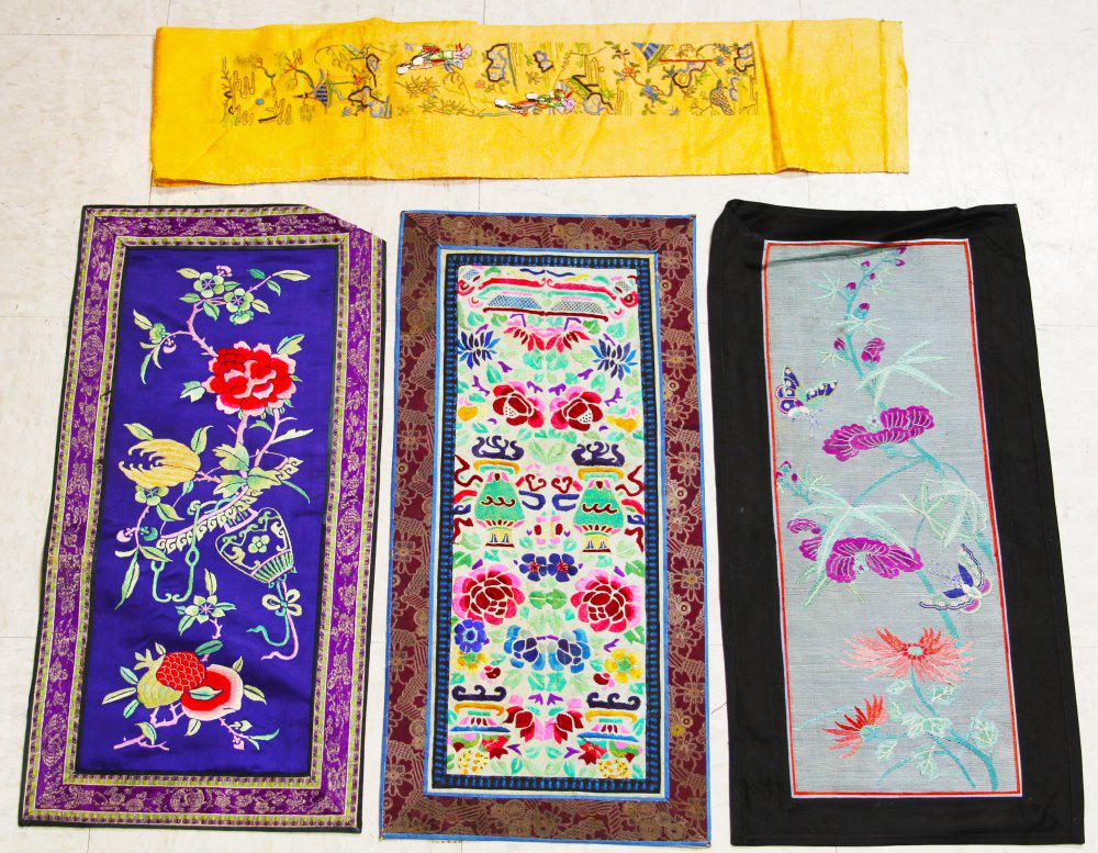 (4) CHINESE 19TH C. SILK EMBROIDERED TAPESTRIES (1 of 4)