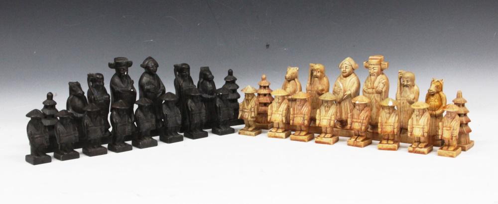 VINTAGE CARVED SOAP STONE CHINESE CHESS SET: Height- 3 3/4"- 5 3/4" In House Shipping within U.S. for $40 plus insurance