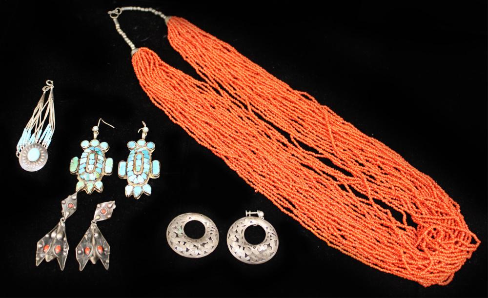 LOT OF 5 VINTAGE TURQUOISE, CORAL SILVER JEWELRY (1 of 4)