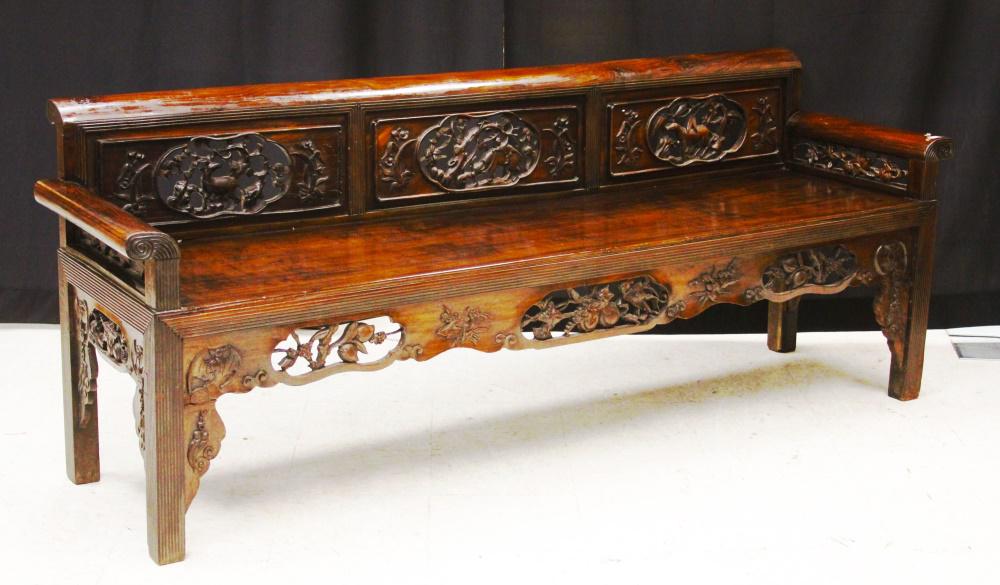 CHINESE CARVED WOOD BENCH, 19TH C. (1 of 7)