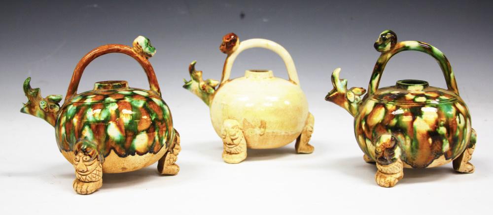 LOT OF (3) VINTAGE CHINESE FLAMBE POTTERY TEAPOTS (1 of 6)