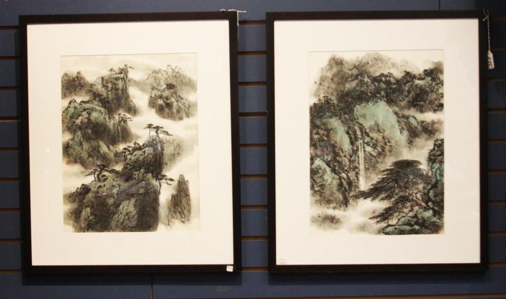 PAIR OF CHINESE WATERCOLORS, LANDSCAPE (1 of 5)