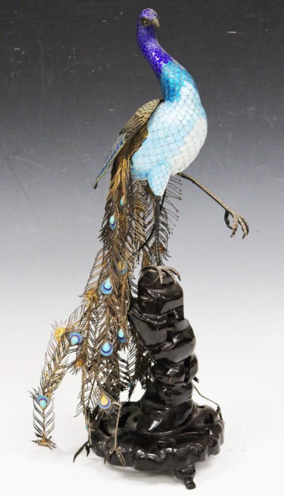 CHINESE SILVER ENAMELED FIGURE OF PEACOCK, 18" (1 of 3)